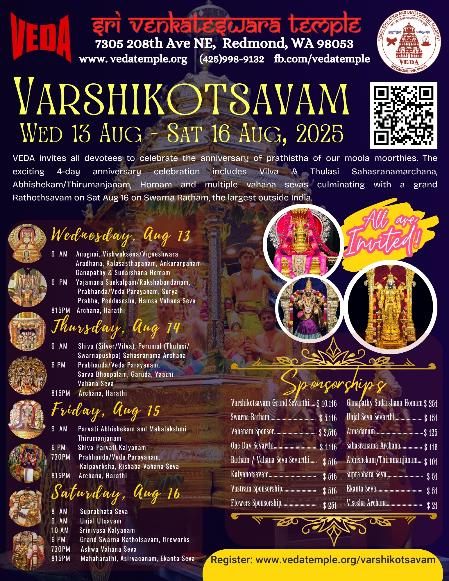 VEDA Varshikotsavam, Wed-Sat Aug 13-16, 2025